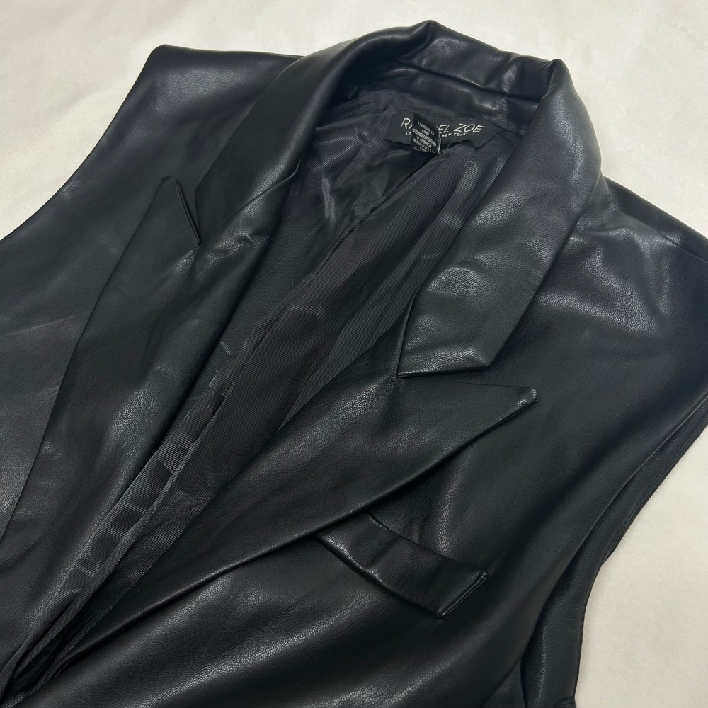 Rachel Zoe Womens Black Faux Leather Sleeveless Blazer Vest Gold Button Medium